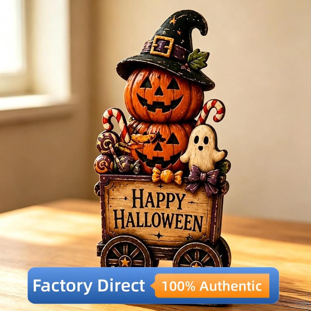 Halloween Tabletop Decor Wooden Signs, Haunted House & Pumpkin Stack, Spooky Festival Ornament