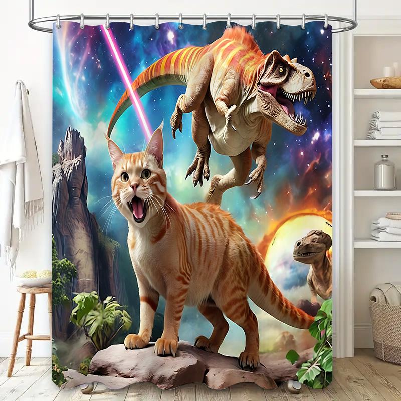 Creative Dinosaur Cat Pattern Waterproof Mold-proof Shower Curtain Home Decor Unique Design Stylish Bathroom Item Elevate Space