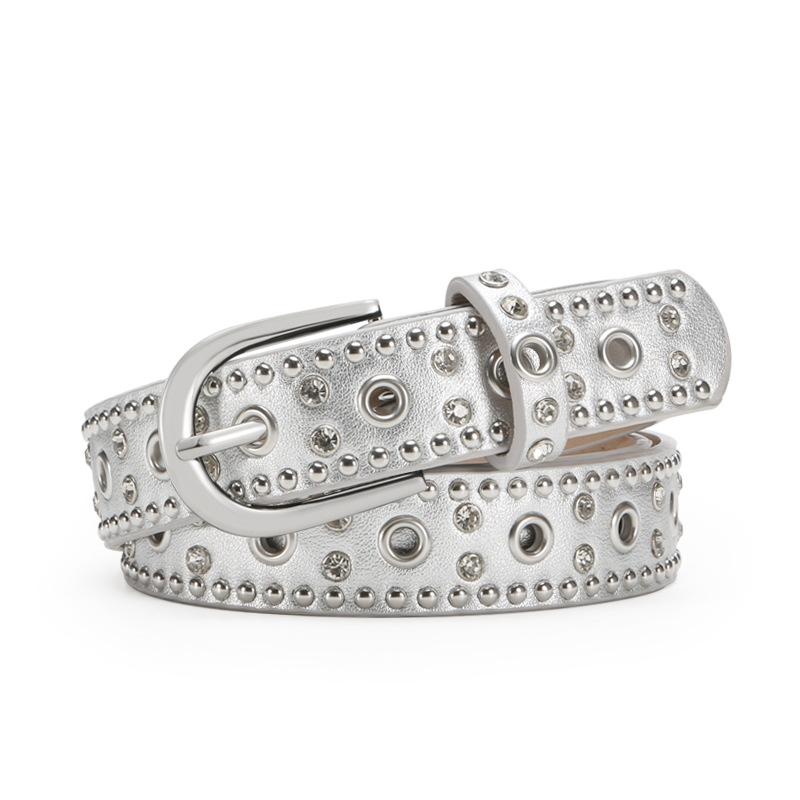 Women S Versatile Belt With Rivets Rhinestones Pin Buckle For Jeans