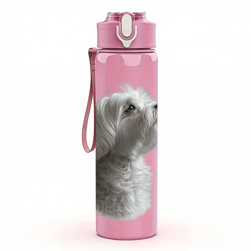 1PC Small White Fluffy Dog Pet Print 750ml Color Plastic Sports Water Bottle Leakproof Flip Straw Lid Suitable for Sports Office Home Use