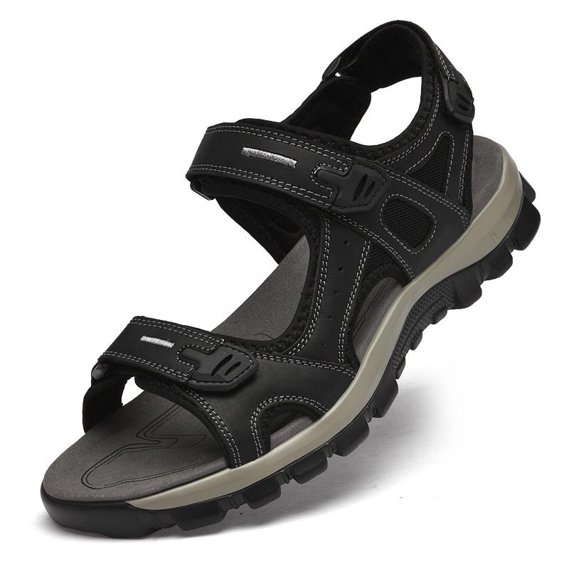

Sandals men s summer new Velcro outdoor sandals men s first layer cowhide wear Velcro beach shoes 45 черный серый