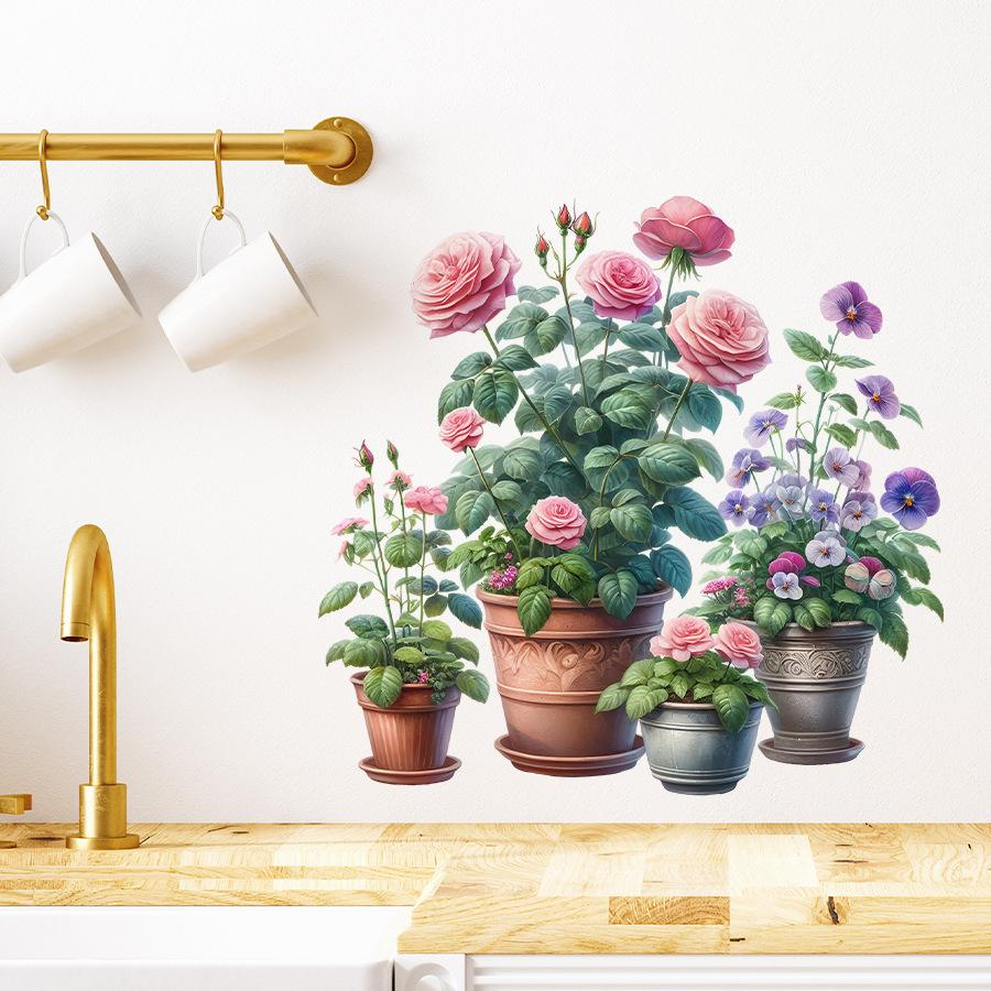 Fresh Realistic Potted Rose and Morning Glory Wall Stickers, Self-Adhesive Decor for Bedroom Balcony Laundry Room Decoration