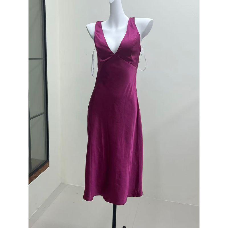 

Oumei Blogger s Beloved Oumei Single Satin Lulus Vertical Cutting V-neck Temperament Slim dress Long dress Ebony L