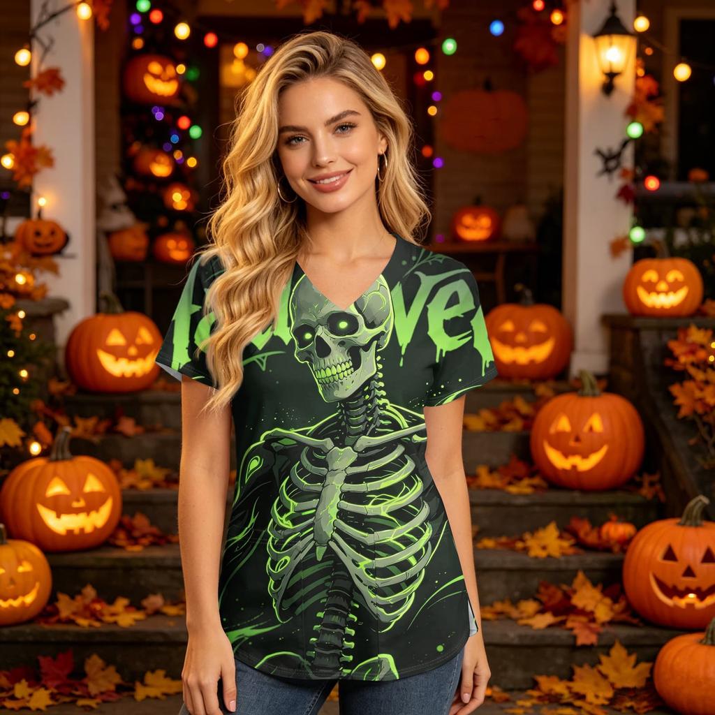 Women V Neck Short Sleeve Top with Pockets Halloween Theme Printed Scrub Shirt for Healthcare Professionals