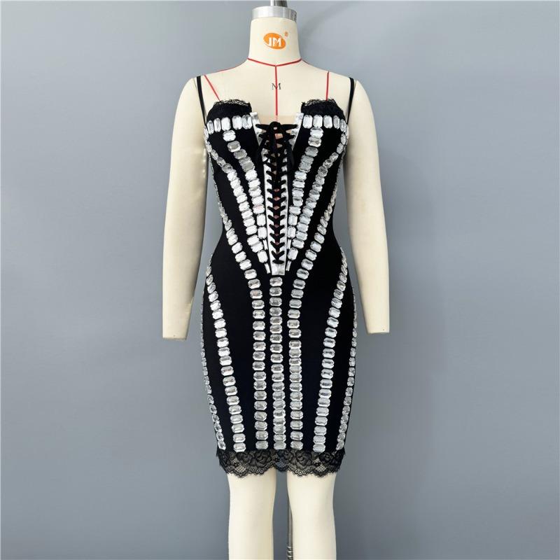 

Sexy Bandage Dress Fashion African New Suspender Women s Binding Diamond Hip Wrap Evening Dress XL
