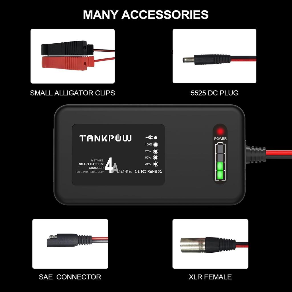 14.6V LiFePO4 Battery Charger,0-4Amp Lithium Battery Chargers,Smart And Smaller LiPO Battery Charger For Cars,Motorcycles,Lawn Mowers,Golf