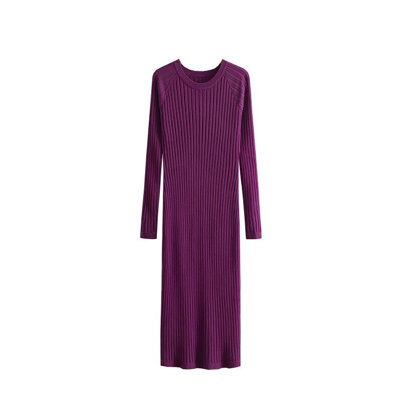 Medium and long over-the-knee sweater skirt for women's autumn and winter new round neck pit strip with bottom-up knitted dress