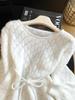 Women's French Lace Patchwork Hollow Knit Pullover – Soft, Fluffy, Waist-Cinched, Stylish Long Sleeve for Early Autumn