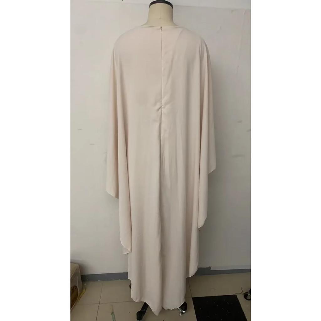 Spring Summer Elegant Crew Neck Pleated Dresses Women Casual Solid Loose Long Dress Cloak Sleeves Ruffle Maxi Dress Vestidos