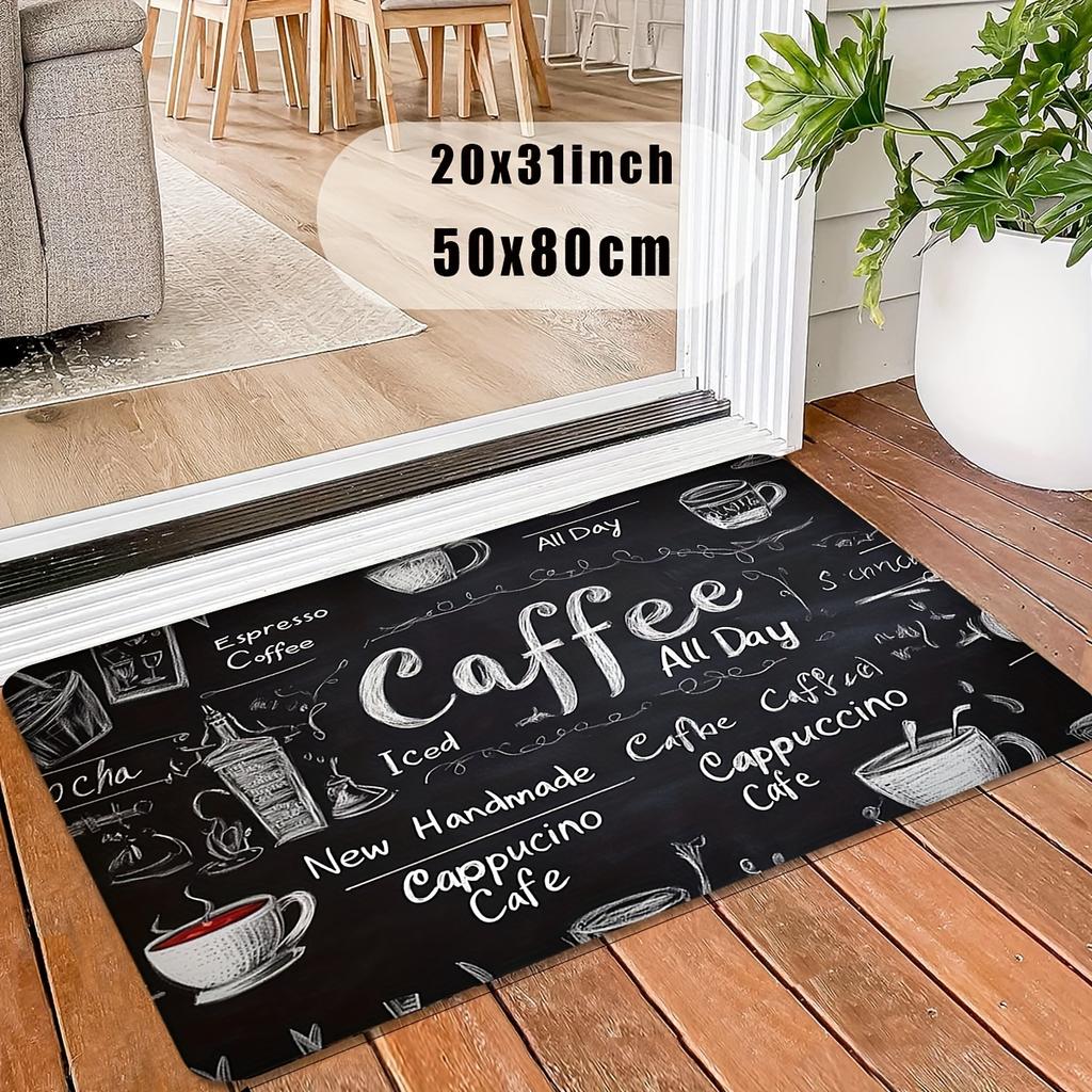 Coffee-Themed Non-Slip Rug – "All Day Coffee" Design with Espresso & Cappuccino Art for Kitchen, Bar or Entryway