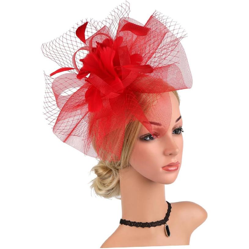 FOMIYES Red Mesh Fascinator Headband and Hair Clip, Cocktail Tea Party Hat for Women, Wedding and Special Occasion Accessories