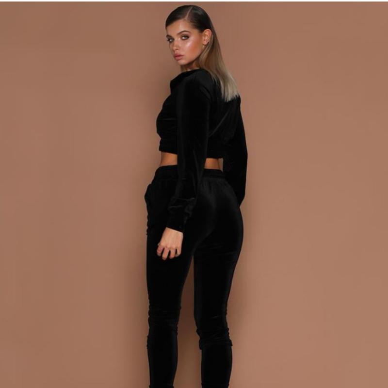 Conjunto de dos piezas de terciopelo de moda urbana para mujer, pantalones casuales sólidos con cremallera y cuello redondo, trajes de pantalón de 2 piezas para mujer, conjuntos de pantalones deportivos ajustados para mujer 25834
