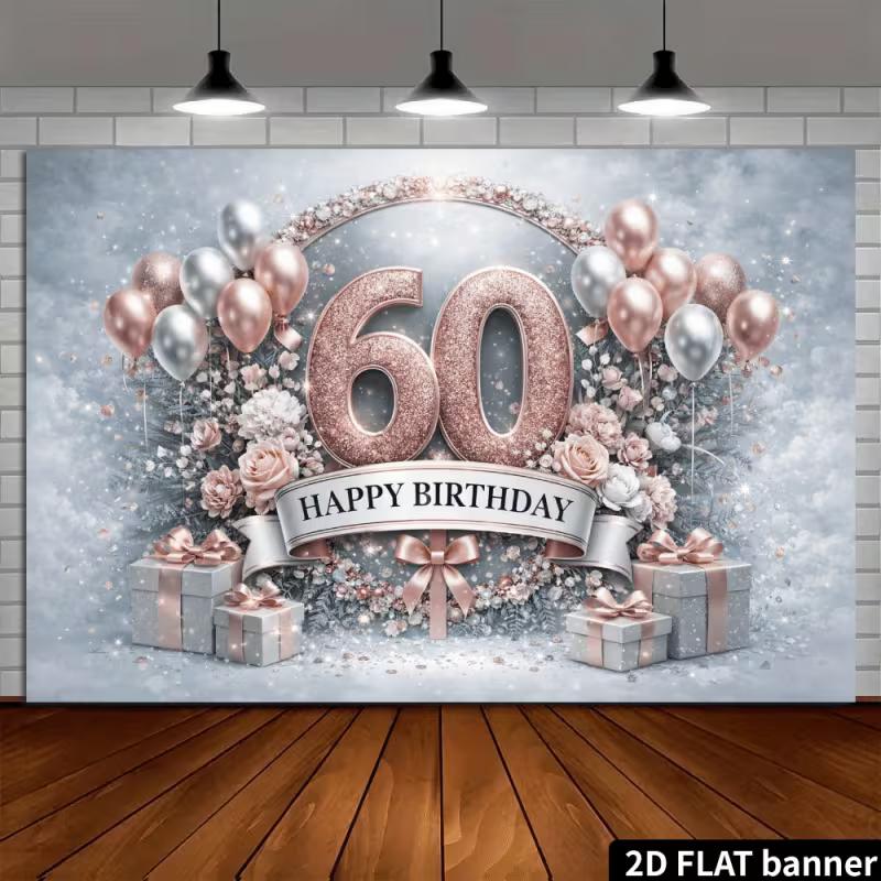 Striscione Decorativo 2D Elegante Palloncino Oro Rosa & Floreale per 60° Compleanno