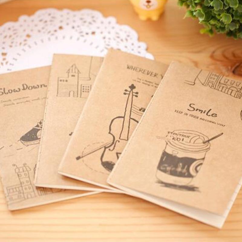 4 Piece Mini Small Kraft Paper Notebook Notepad Office Stationery School Supplies Pocket Diary Violin Shoes Piano Milk Tea