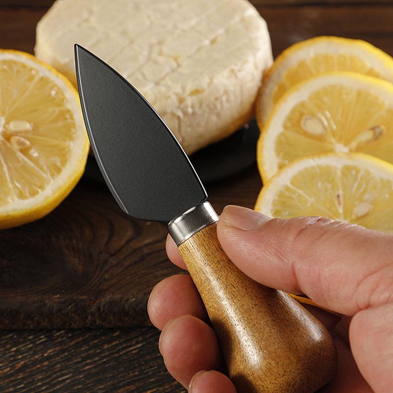 Black Stainless Steel Cheese Knife Set with Acacia Wood Handles & Western Cutlery - Self-Standing Cheese Knife, Fork & Spatula