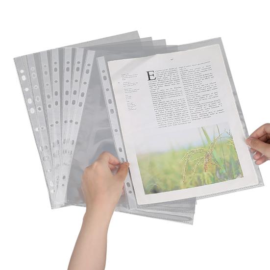 100 Pcs A4 Clear Document Folder Transparent Waterproof Case Document Paper Organizer 11-Hole File Folder for A4 Size Paper School Office Supplies