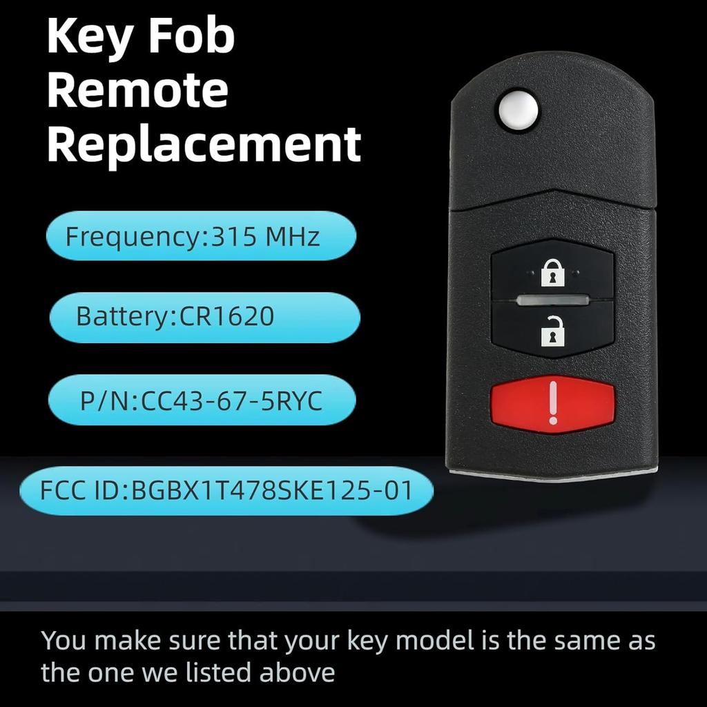 Key Fob Remote Replacement Compatible with 2006-2015 Mazda 5/2011-2015 Mazda 2 3/2007-2013 CX7 CX9 Keyless Entry Remote Car