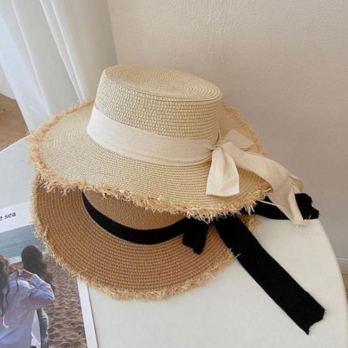 Schleife Strohhut flache Krone rauem Stroh geflochten Damen großer Schirm Sommerurlaub Strand Sonnenschutz Sonnenhut