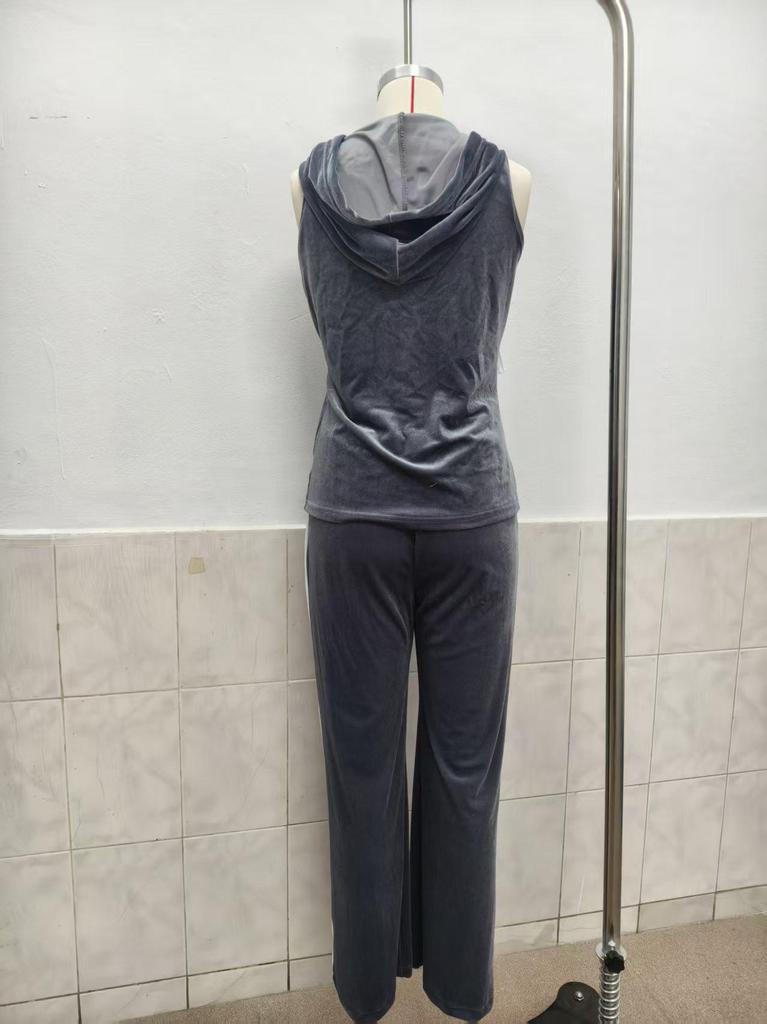 Europäisches Mode Gold Samt Ärmelloses Kapuzentop & Hose Set - Lässiger Stil