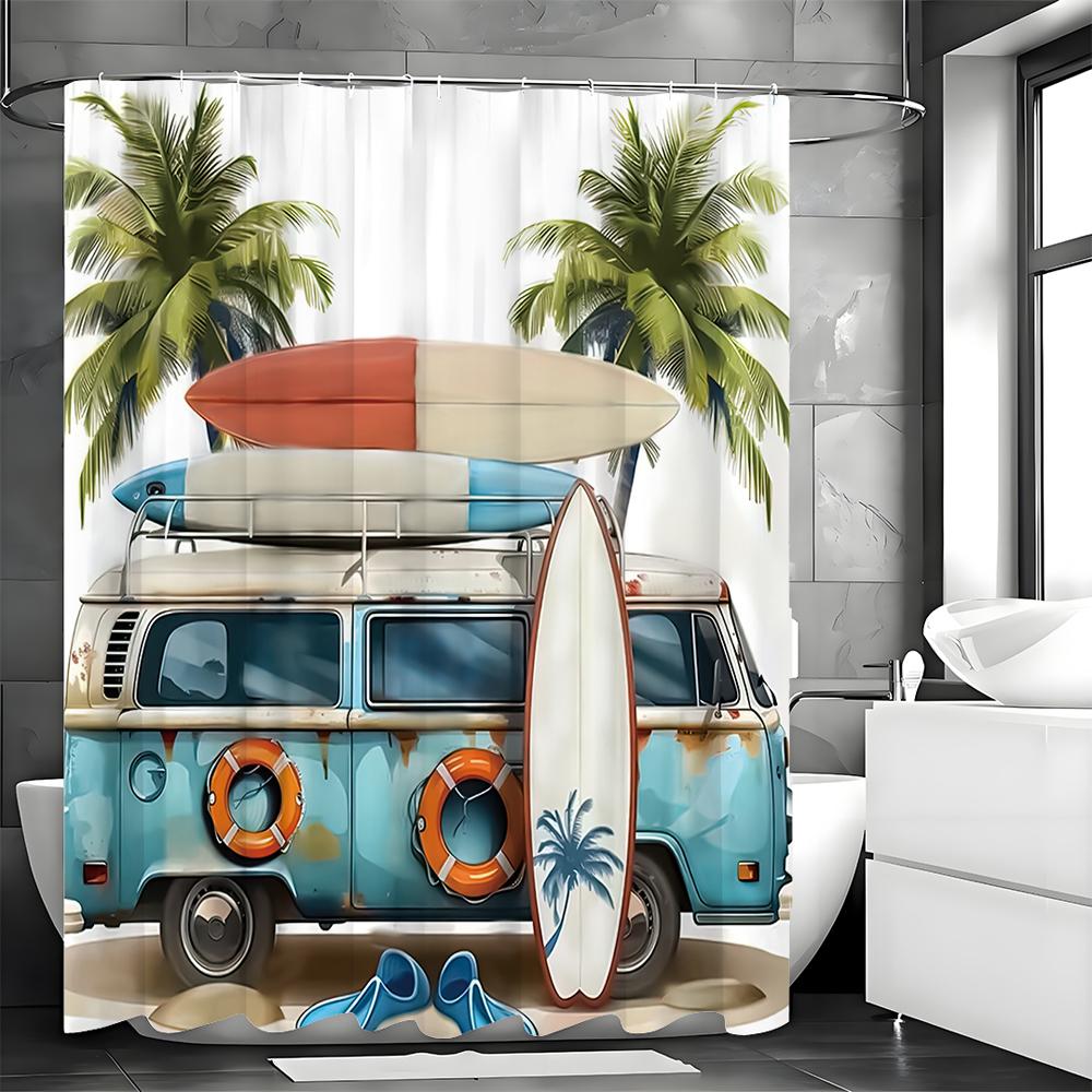 Summer Beach Ocean Blue Campervan Surfboard Shower Curtain, Bathroom Decorative Shower Curtain, Waterproof Shower Curtain with H