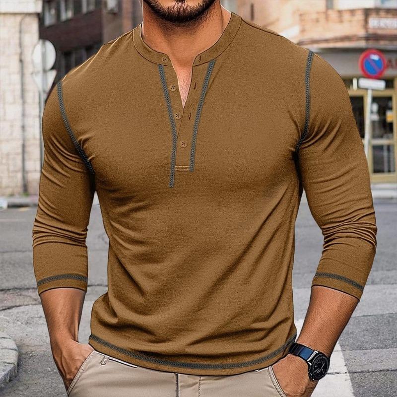 Mens Vintage Color Block Long Sleeve Crew Neck Henley T Shirt Casual Top
