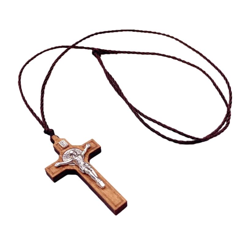Retro Jesus Cross Necklace Wood Metal Pendant Orthodox Praying Chain Jewelry Catholic Religious Christian Crucifix Gift for Men