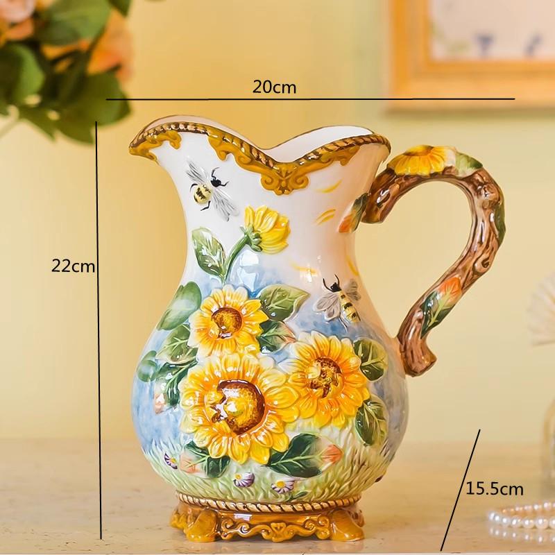 Hand Drawn Sunflower Ceramic Vase, Handle Sunflower Water Jar, Flower Arrangement, Living Room Decoration Ornament, Wedding Gift