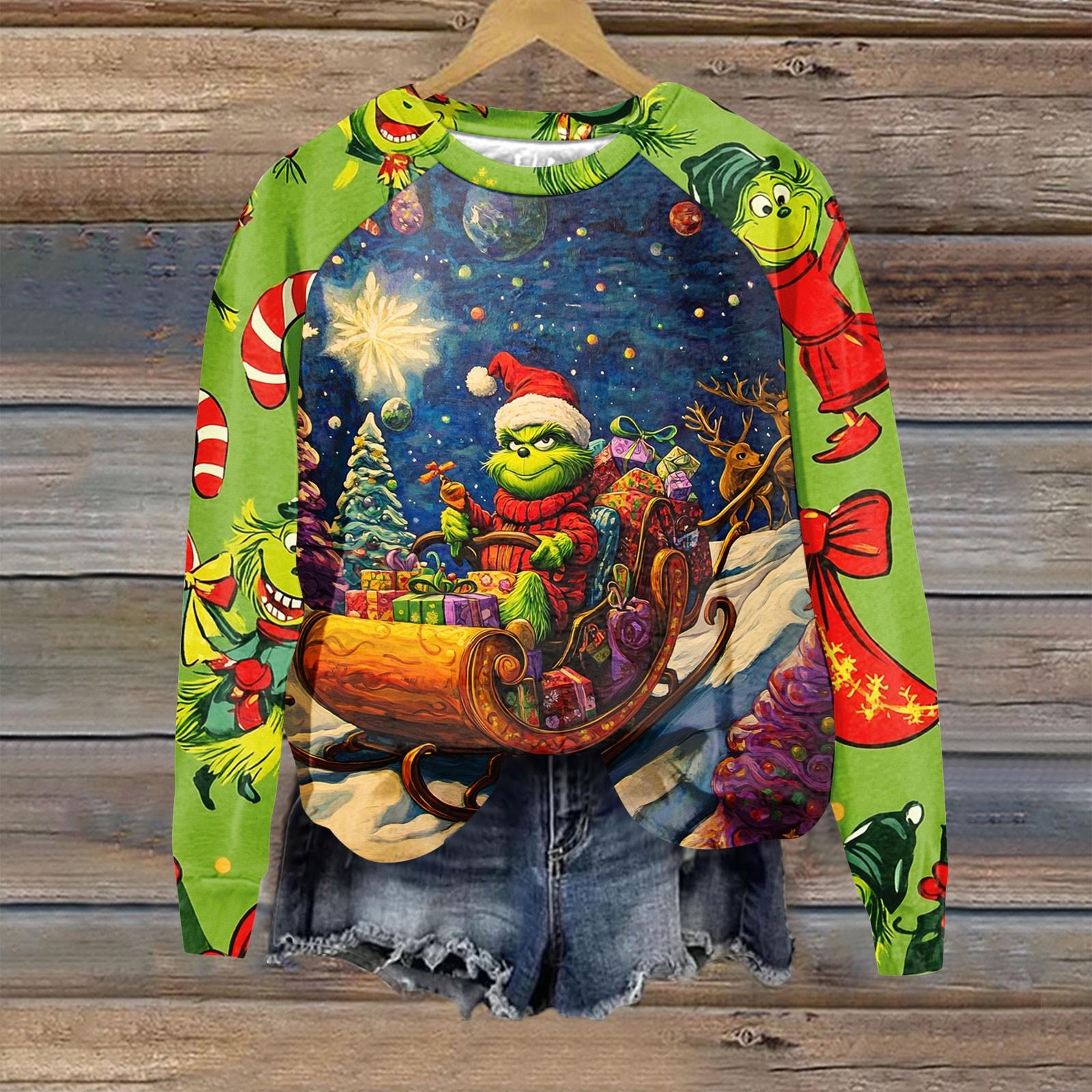 

Жіночий модний повсякденний світшот з довгим рукавом і різдвяним принтом реглан з круглим вирізом M