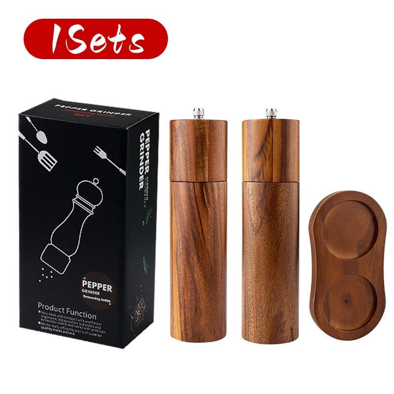 Cylindrical Wooden Salt and Pepper Grinder Set,Refillable and Matching Spice Mill,Wood Tray,Tall 8Inch,Manual Pepper Shakers Set