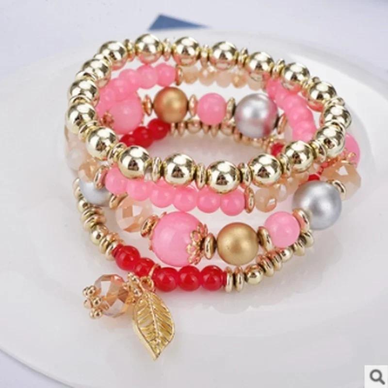 4 Pcs Fashionable and Simple Crystal Bead Pendant with Branches Leaves Versatile Multi-layer Bead Temperament Women's Bracelet