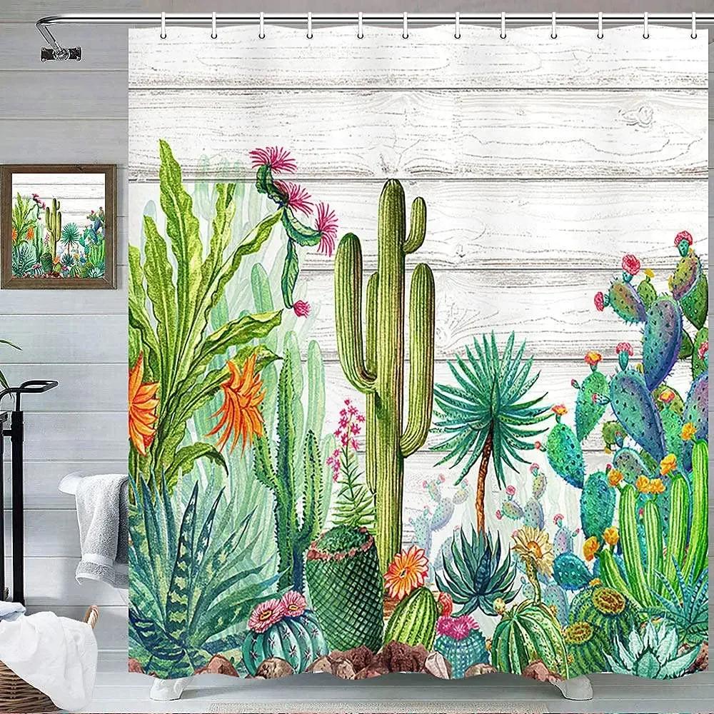 

Tropical Cactus Shower Curtain Polyester Fabric Bath Curtain For The Bathroom Decoration Multi-Size Bathroom Curtain With Hooks W60H190(CM)-1 Pcs