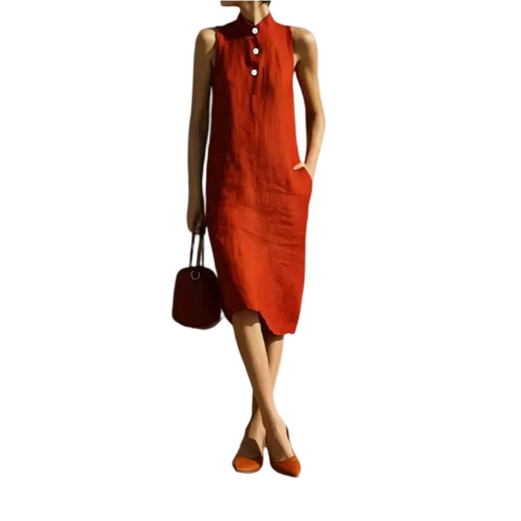 Sleeveless Loose Fit Summer Dress Midi Length Button Front Stand Collar Casual Lightweight Dress for Women
