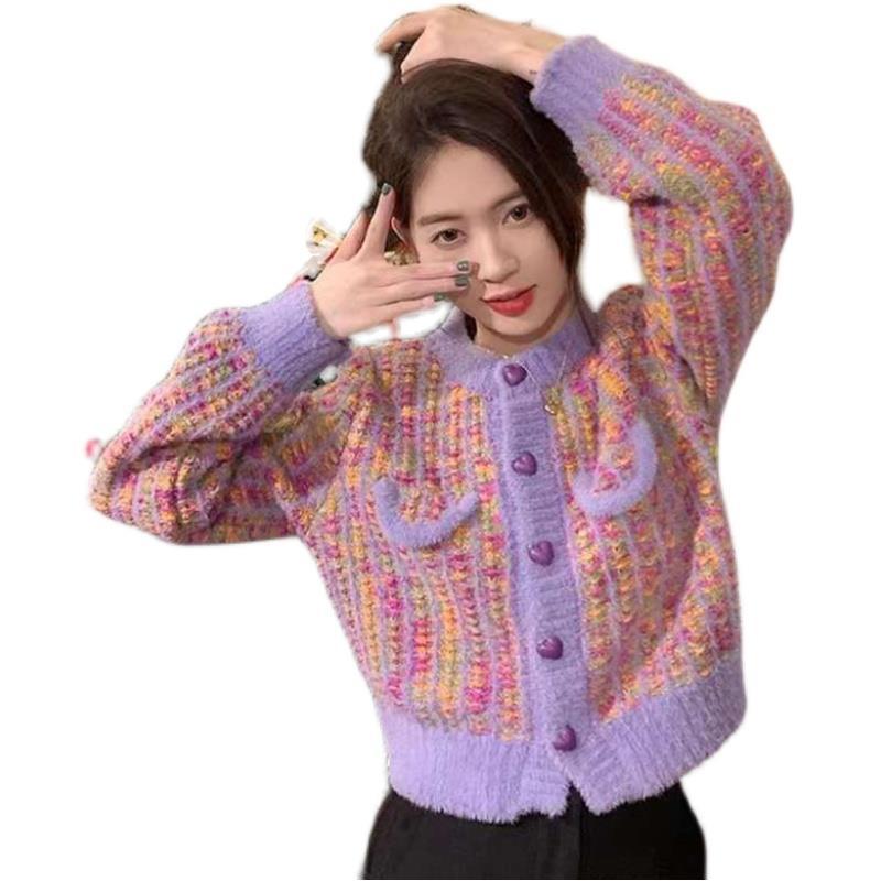 Koreanisch inspirierter Herbst- & Winter-Colorblock-Casual-Strickcardigan, locker, einreihig geknöpft, eleganter Langarmpullover