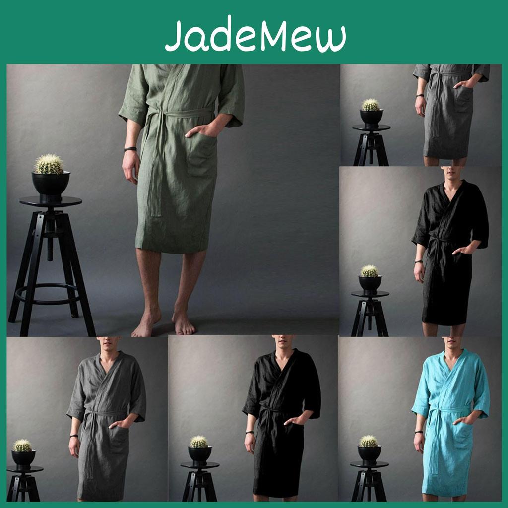 Short Long Sleeved Mens Bathrobe Home Clothes Solid Color Linen Pajamas Robe