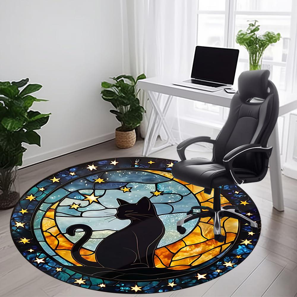 1pc Starry Night Cat Office Round Area Rug, Indoor Mat Suitable ForOffice, Under Office Chairs Bedroom Living Room Home Decor T165