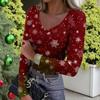 Women's Winter Slim-Fit Base Layer T-Shirt Fashionable Christmas Print V-Neck Pullover Long-Sleeved Top