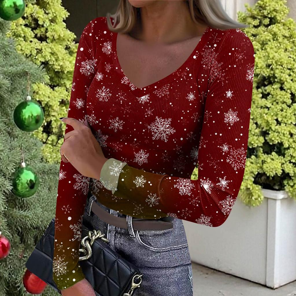 Women's Winter Slim-Fit Base Layer T-Shirt Fashionable Christmas Print V-Neck Pullover Long-Sleeved Top