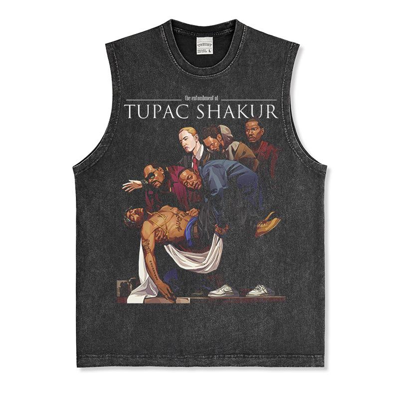 Canotta Senza Maniche Tupac Grafica Retro High Street Cotone Pesante