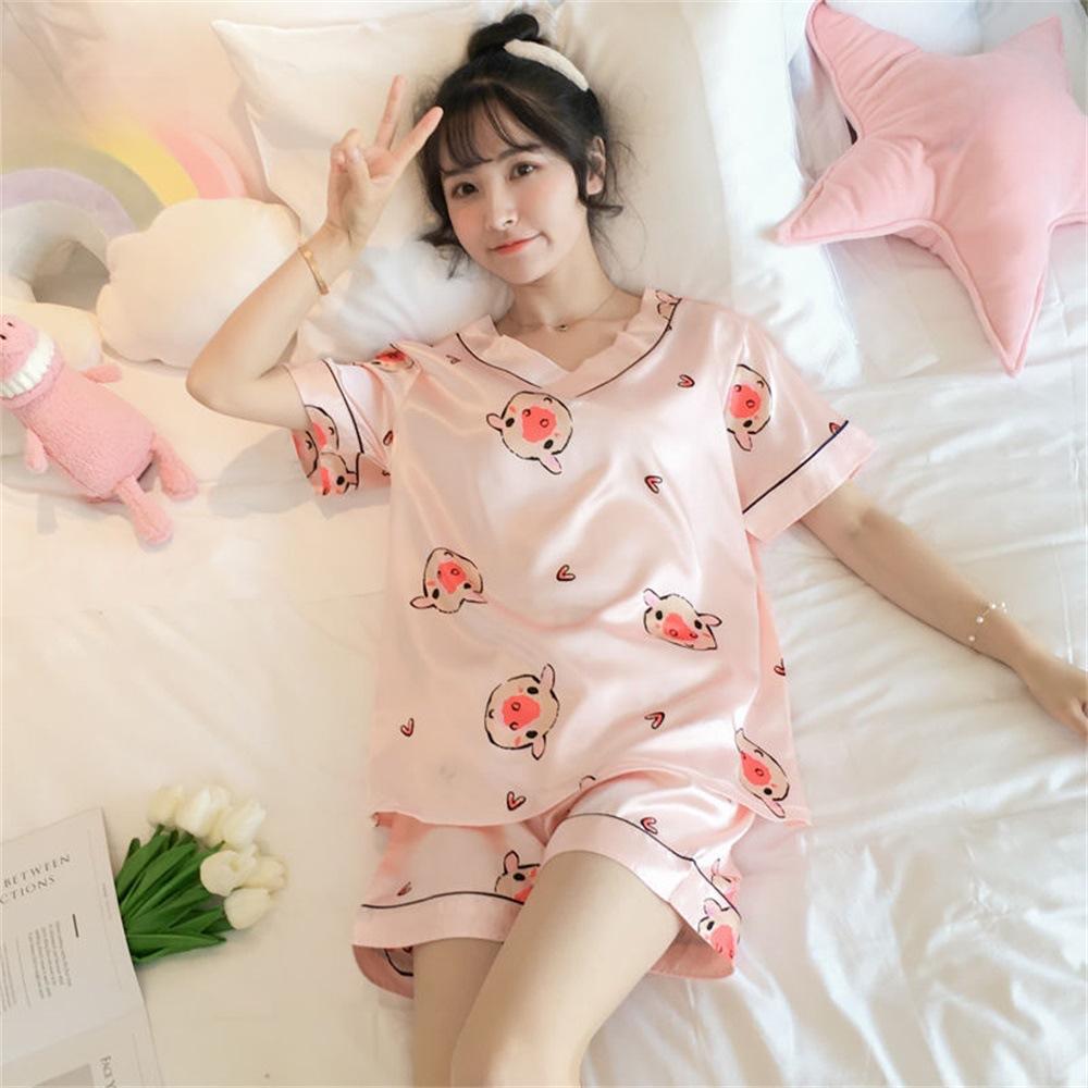 Women's V-Neck Cartoon Silk Pajama Set - Summer Short Sleeve 2022 Collection