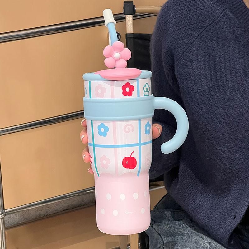 Cute Cartoon Insulated Travel Mug With Handle For Office And Outdoor Use