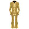 Mens 70s Disco Jumpsuit Metallic Shiny Design Lapel Flare Sleeve Front Zipper Wide Leg Pants