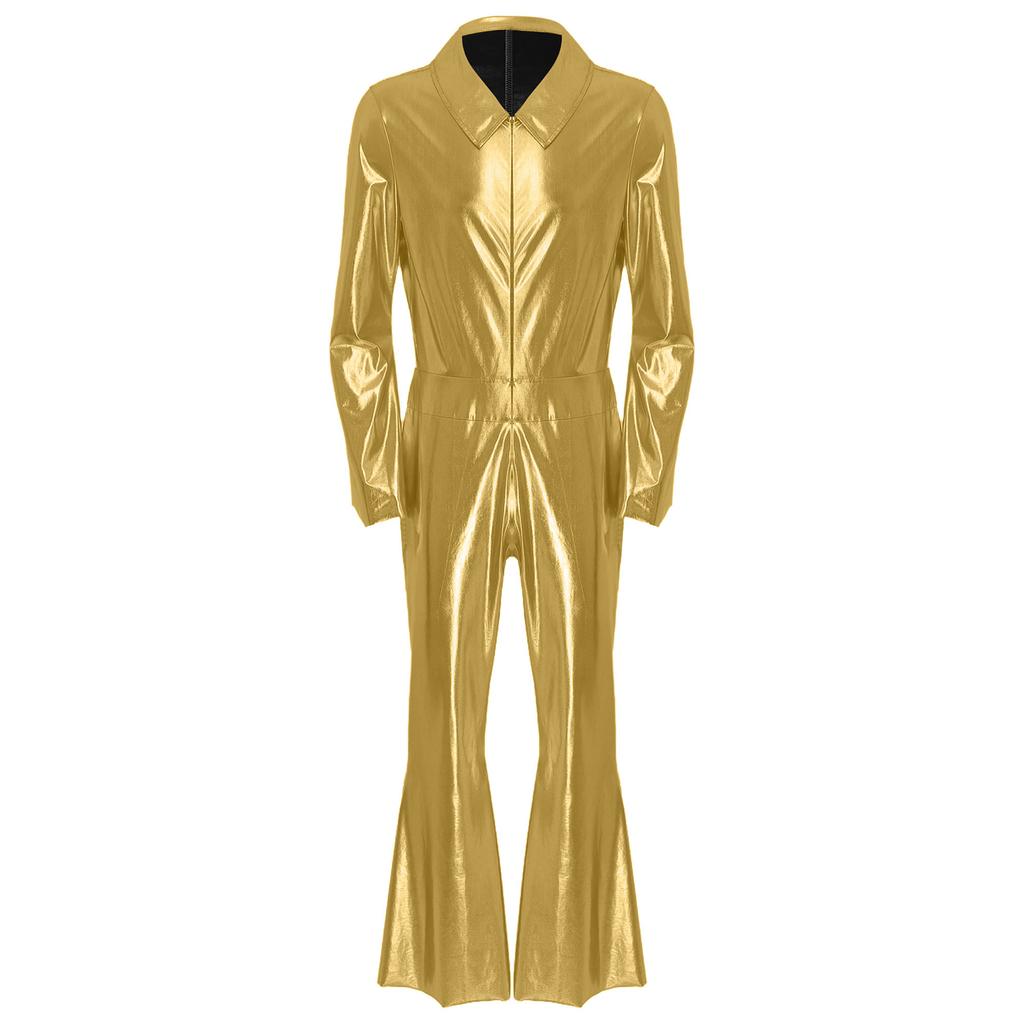 Mens 70s Disco Jumpsuit Metallic Shiny Design Lapel Flare Sleeve Front Zipper Wide Leg Pants