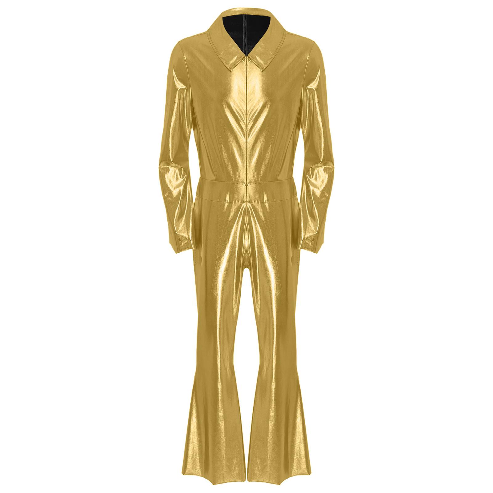 

Чоловічий комбінезон диско 70-х Металевий блискучий дизайн Лацкан Рукав-кльош Передня блискавка Штани широкі від стегна