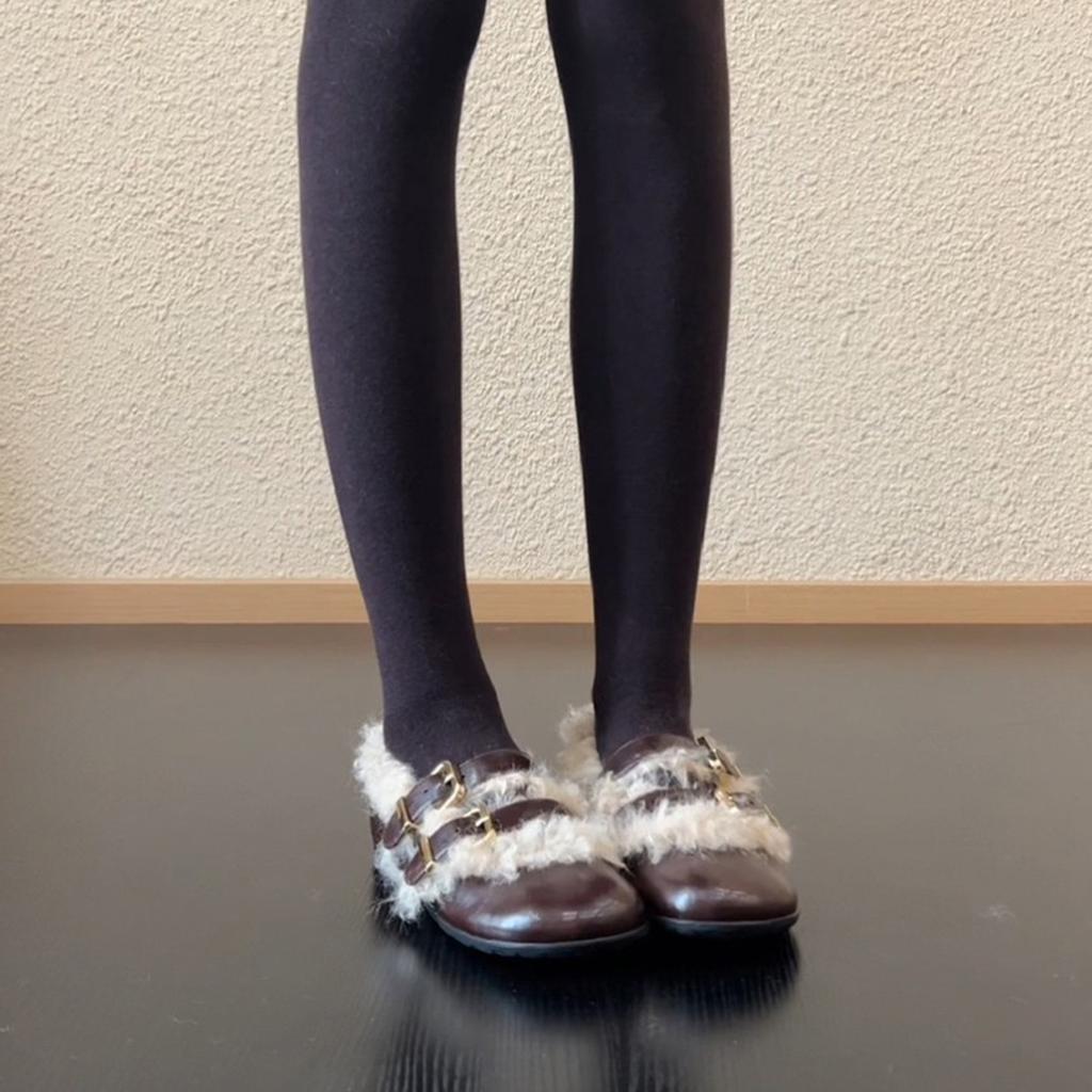 Plush warm fluffy shoes belt buckle Mary Jane shoes round head flat sole shoes one-word buckle small leather shoes