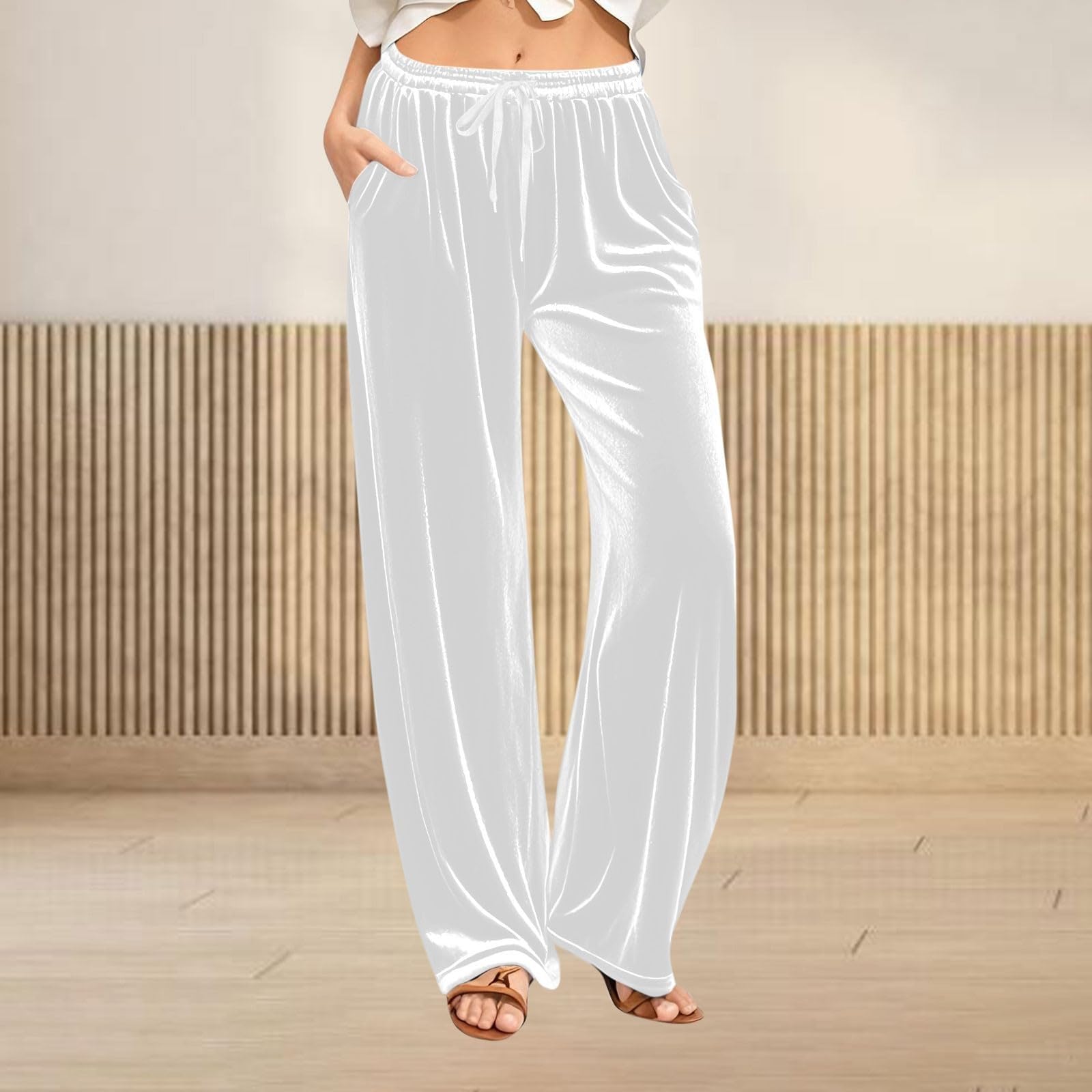 

Women’s Velvet Wide Leg Pants with Elastic Waistband and Drawstring Loose Fit Soft Lounge Trousers with Pockets XL білий