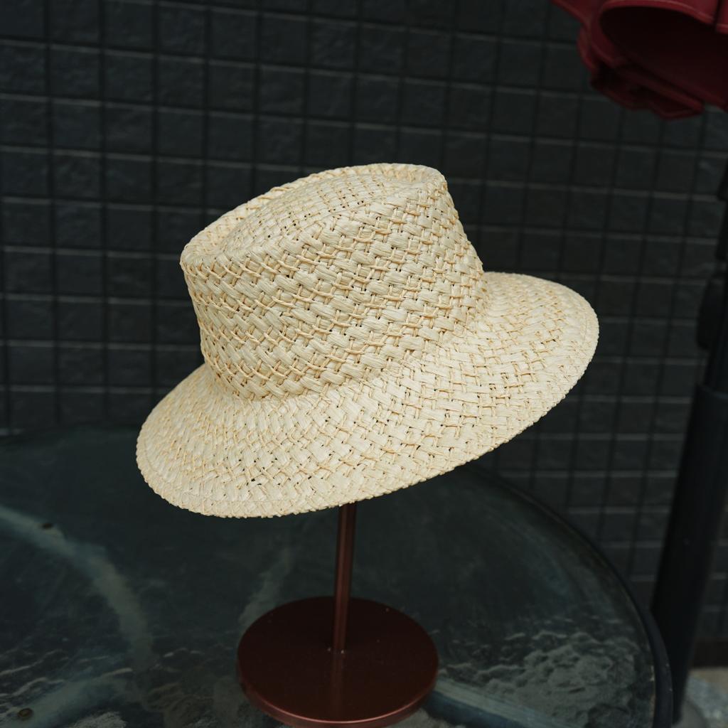 Beige Woven Flat Top Top Hat Women'S Summer Vacation Beach Seaside Trip Straw Hat Sun Protection Sunshade Japanese Retro Hat