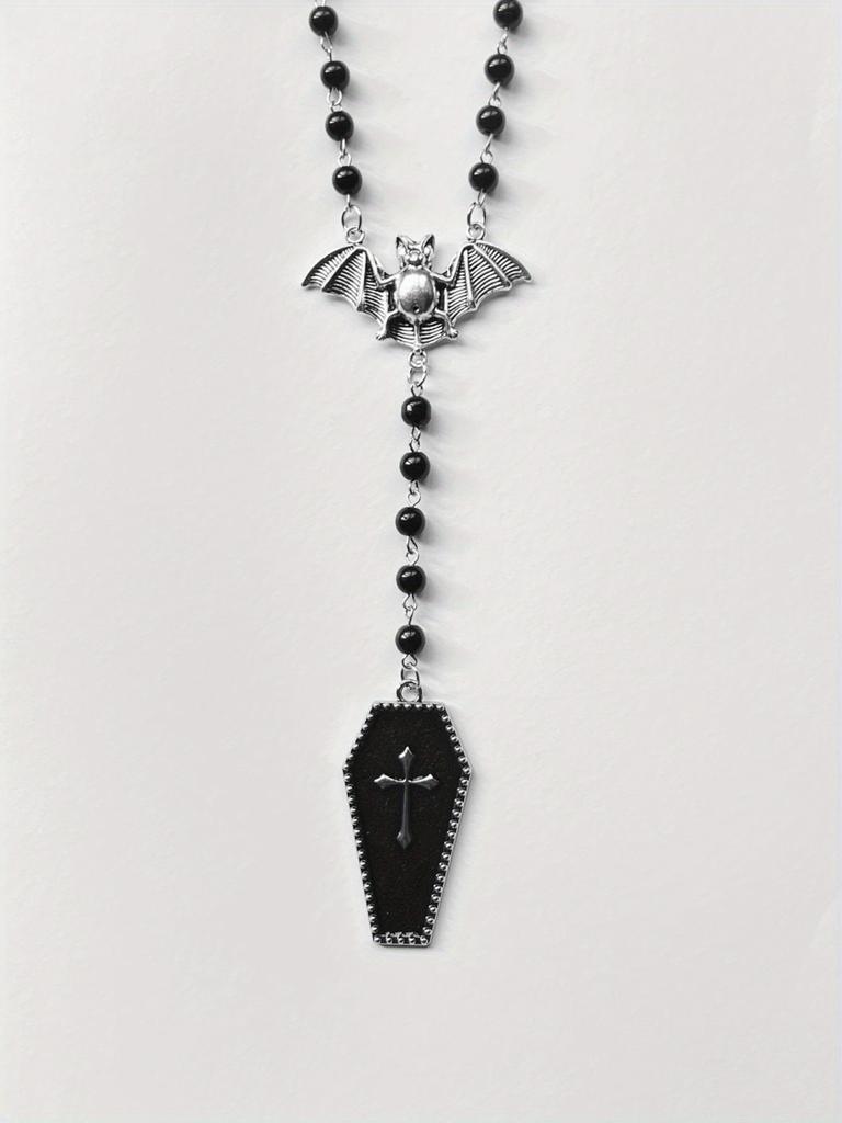 1pc Gothic Y2K Style Beaded Necklace with Bat & Red Cross Pendant - Black Beads, Copper Accents, Perfect for Parties, Graduations, and Travel, Gothic