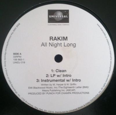 12inch Record RAKIM - All Night Long UNIDJ018 Universal Recor 2000 US Rap & Hip-Hop/R&B Used