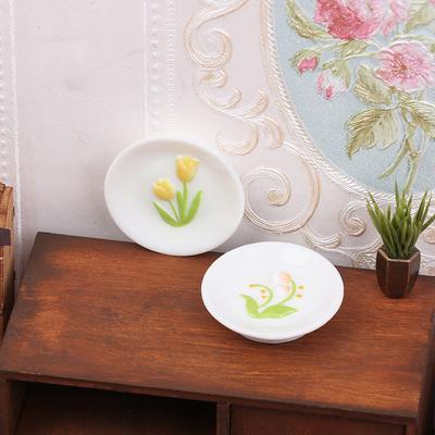 5Pcs 1:12 Dollhouse Simulation Mini Embossed Tulip Dinner Plates Model Dollhouse Kitchen Dish Decoration Dolls House Accessories