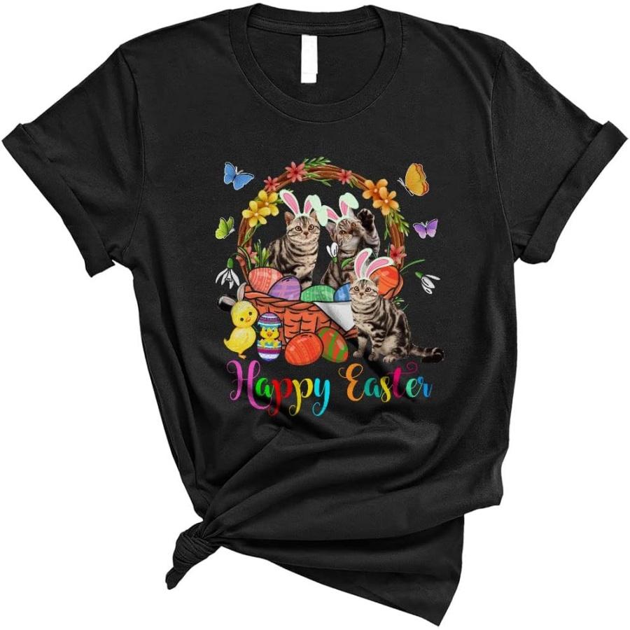 Happy Easter Cute Three Bunny American Shorthair Cats in Easter Eggs Basket Lover Gifts Unisex T-Shirt XXXXXL разноцветный